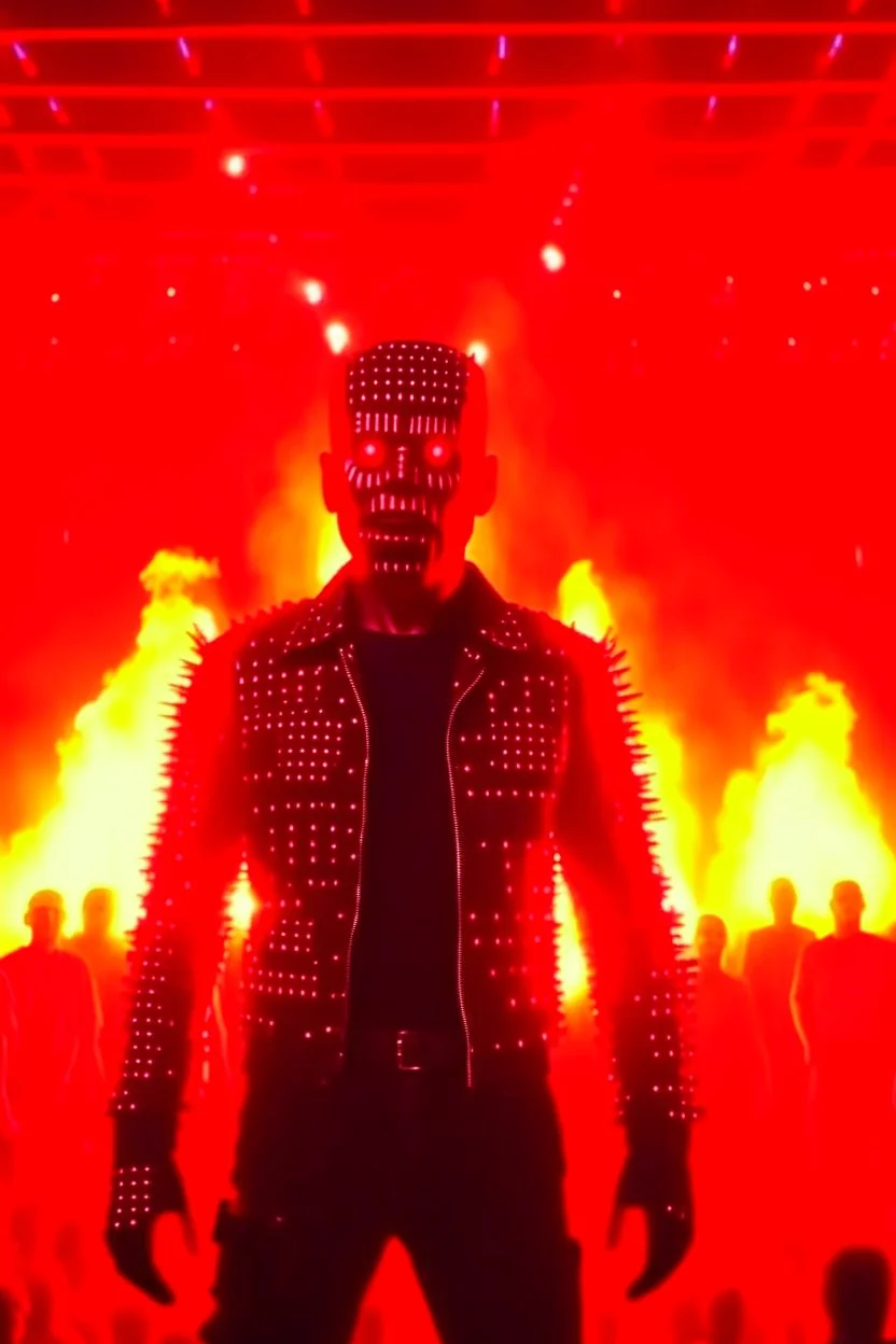 4K realistic, Terminator crowd at a rammstein concert, Till Lindemans back on stage, back, arms spread and on fire, flames everywhere.