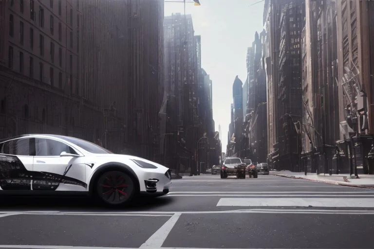 A Tesla 'Model Y' is drifting at high speeds, on 'Wall Street', in New York. (CINEMATIC, WIDE ANGLE LENS, PHOTO REAL)