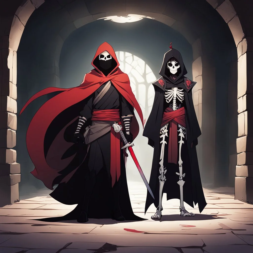 [Hazbin ADnD] full-body photo of two characters of an ADnD campaign in a crypt. character 1: is a male ninja in a dark kimono, character 2: is a female sorceress skeleton in a brown cape