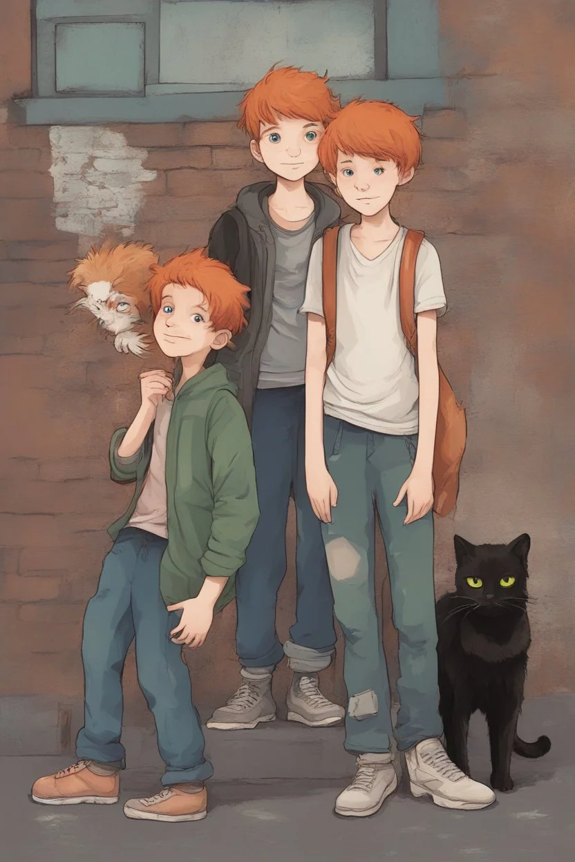 Act like a book cover designer. Use graffiti style. Three teenagers (13-15 years old) - two boys brothers with ginger hair and frickles with a brown-haired girl and with a grimy black cat. Environment: old town.