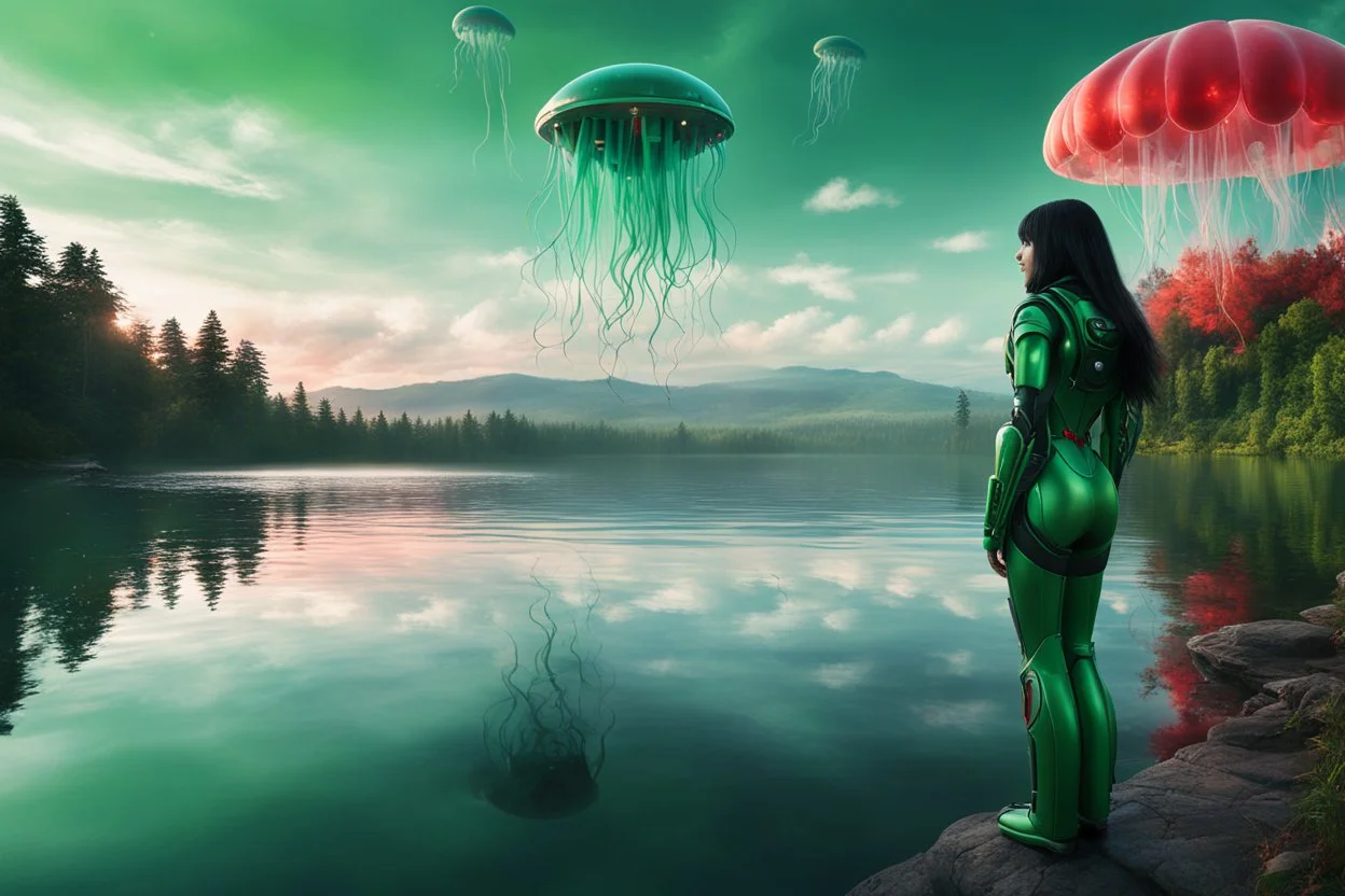 Photorealistic Photo Of A long black-haired woman in a green robot suit, Looking Out Over A Lake With jellyfish with red Tentacles, Tall Narrow Cloud Trees In The distance with an alien sky