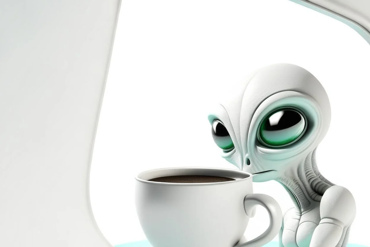 white,background,looking,through,a 3-d, hole,or,window,,a,seeing an,alien,drinking,coffee