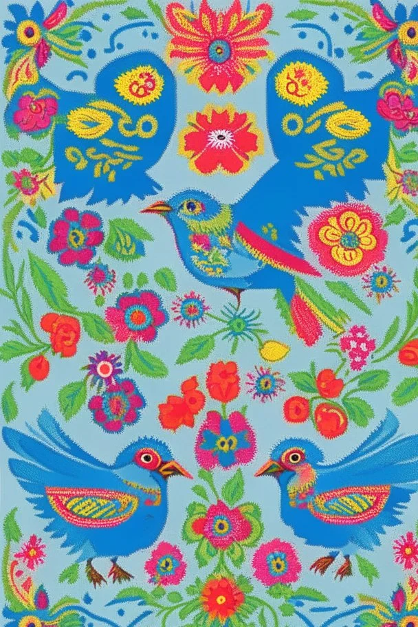 Norwegian folk art bunad pattern rosemaling style with birds, flowers. Vivid colors, High details