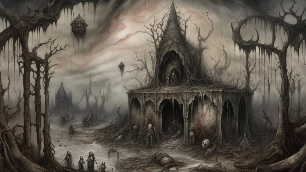 The Temple of Sorrowful Young — A dusky dream, replete with an overwhelming soundscape – a background murmur of ethereal music, buzzing insects, mumbling in forgotten languages, terrified whimpering, and the first cries of newborns. The landscape is sickly hot and stinks of ash, blood, and sweat. Visitors to this dream feel groggy and bloated, many soon begin bleeding from the eyes, mouth, and genitals. Everything seems to vibrate and tremble. Creatures initially appear two-dimensional and color