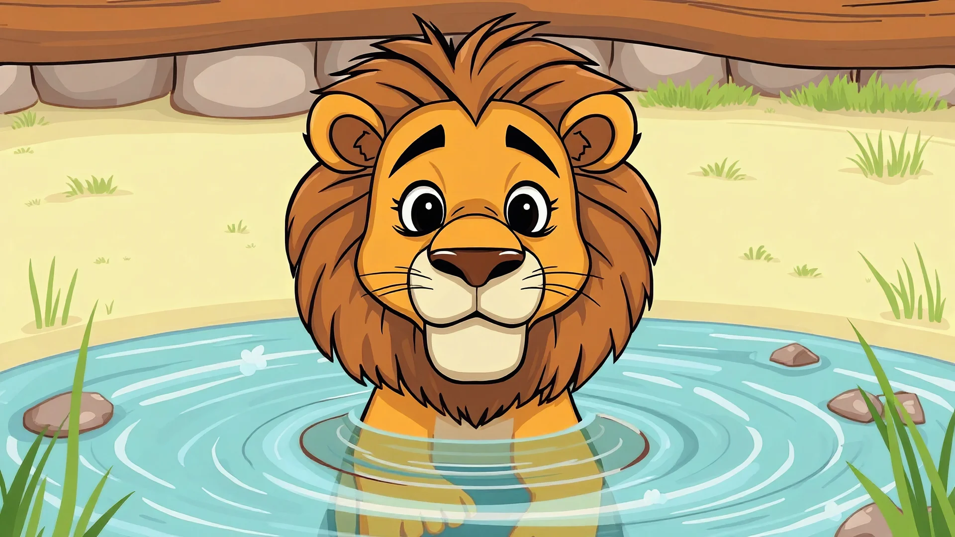 Then the lion see his face in the well water make it Cartoon