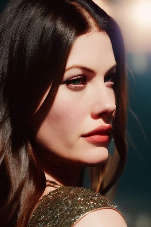 Liv Tyler has angel wings. She has beautiful eyes. Her hair flies in the air., closed eyes, rtx, reflection, 8k, glow, winning photography, caustics