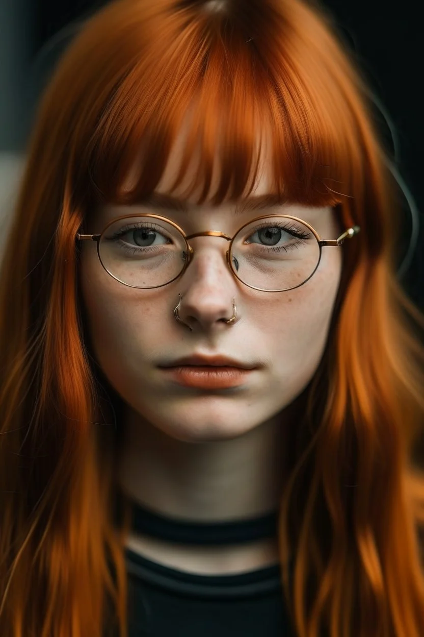 girl with ginger hair in a fringe with glasses and a septum piercing