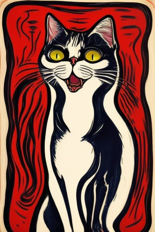 Cat holding her head. The scream Edvard Munch. Painting style of Edvard Munch