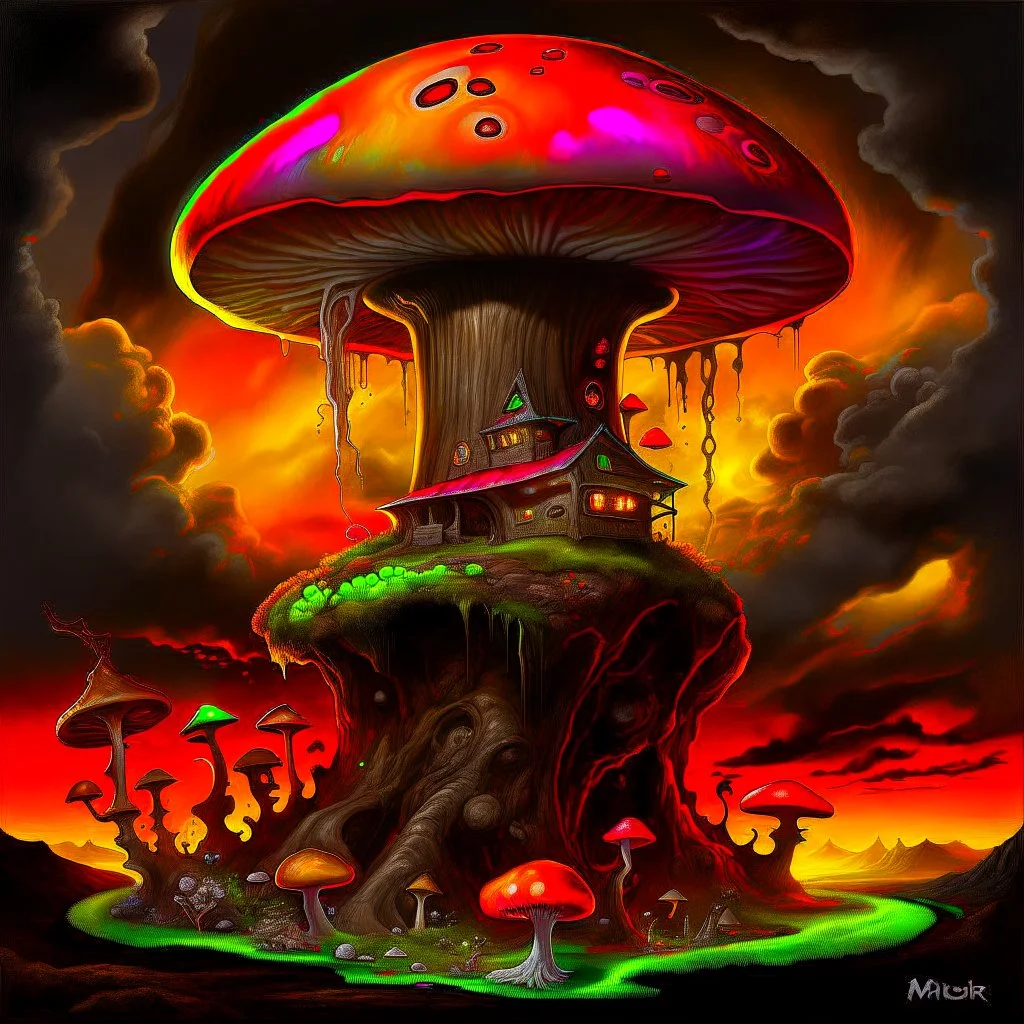 A fantabulous black, orange, and green (((mushroom tower house))) erected atop a (geologic pillar), surrounded by the uncanny imaginative ((( swirling skies))), offset by the stark hues of a (neon-tinged nebulous space scape), within. captured by the hand a skilled master painter with a focus on (softly blurred compositions and voluminous lighting).