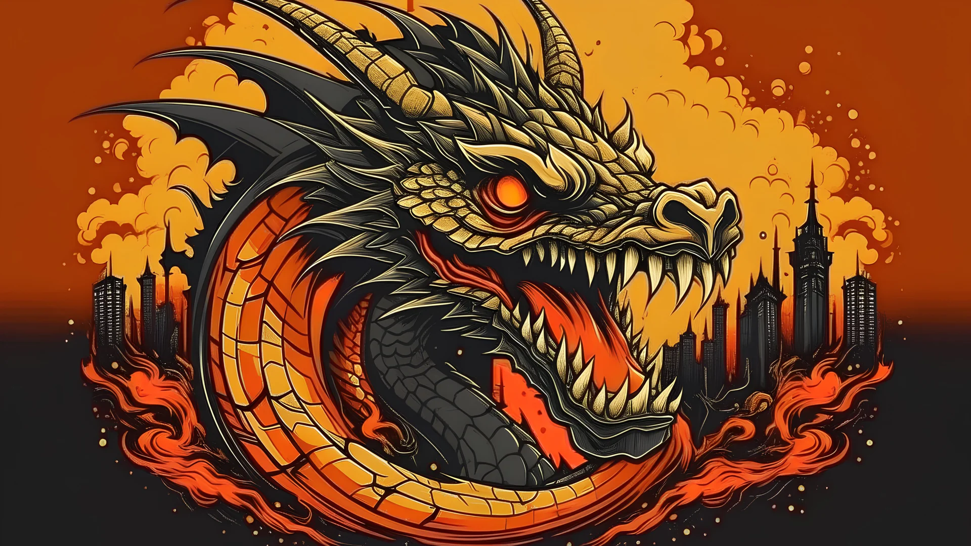 aggressive dragon head in the foreground, Barcelona city in the background, with fire, tattoo vector style, two colors, 4k