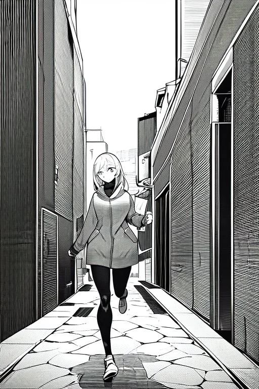 military girl runs down the street, greyscale