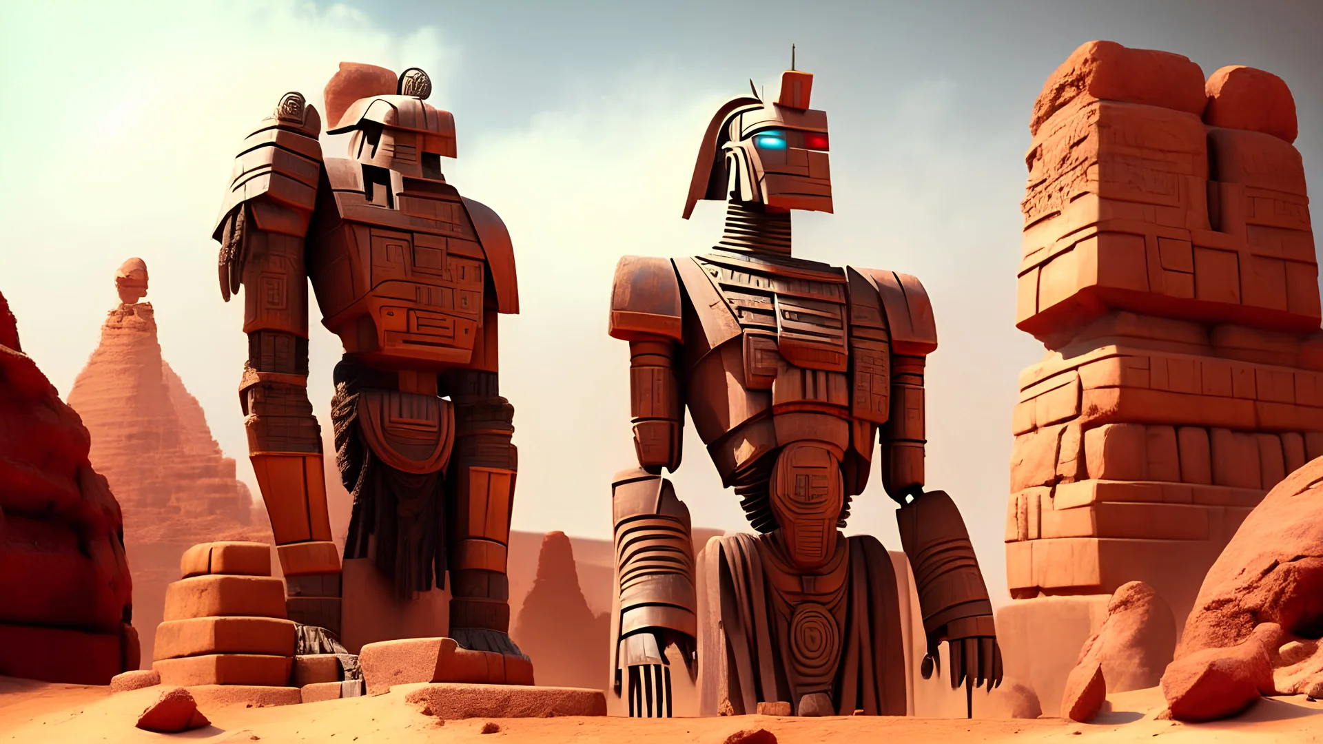 The ancient egyptian civilization Robot, Stone statues army, ancient statue of Robot, rusty, Realistic, historical, red rock and dsand statue, Egypt history look and feel,