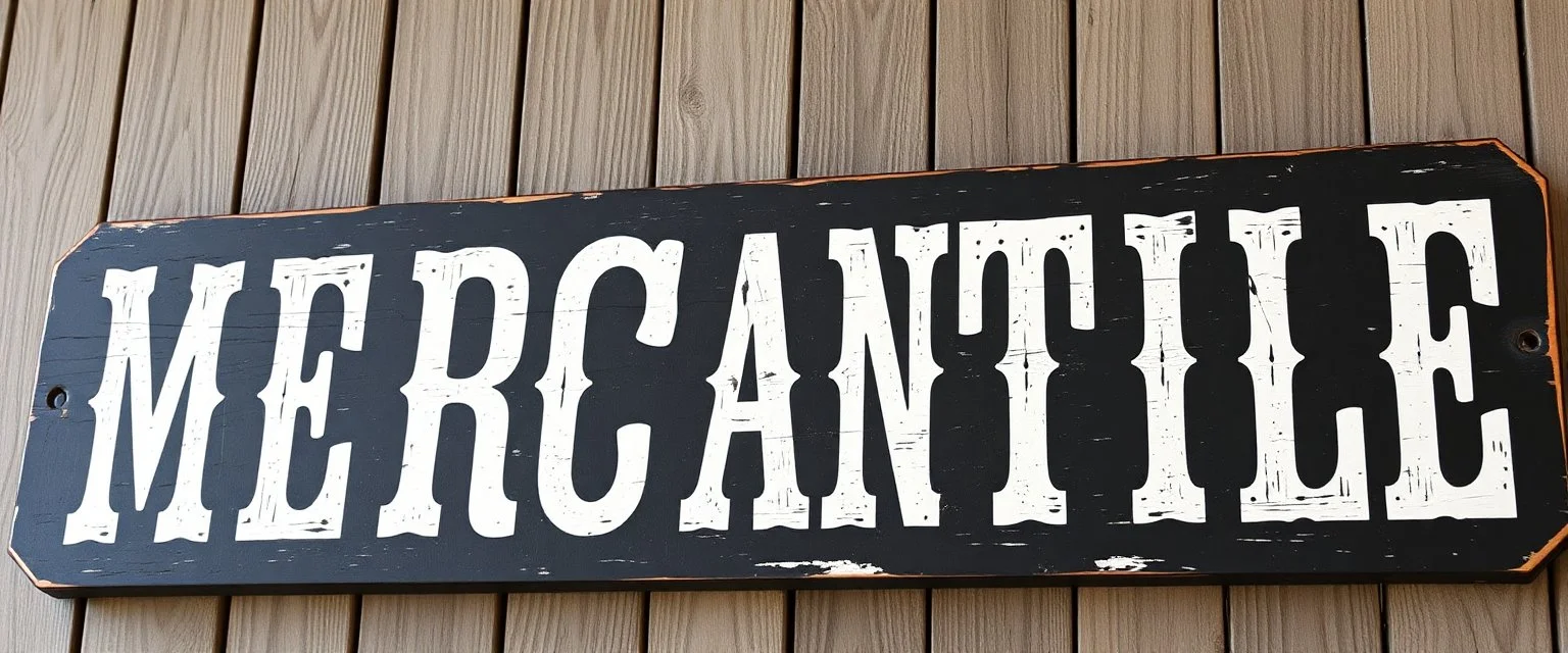 fill composition with large and wide historical hand painted old western sign that reads: "MERCANTILE" white on black with inset white stripe boarder aged paint on wood sanserif