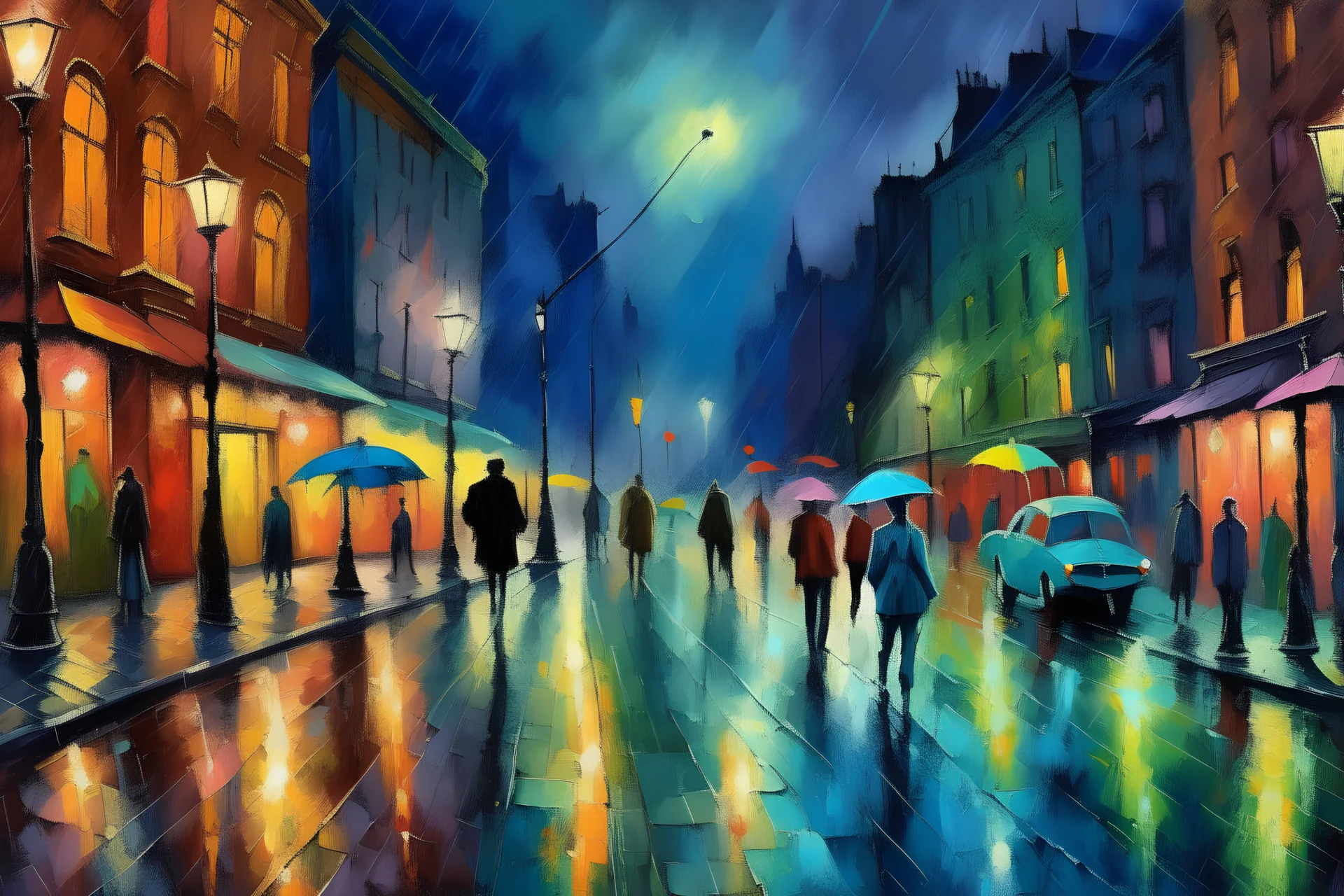 oil paint, people walking at night on a raining street, umbrellas, city night lights, colours, trees without leaves, moon behind clouds, extra ordinary details