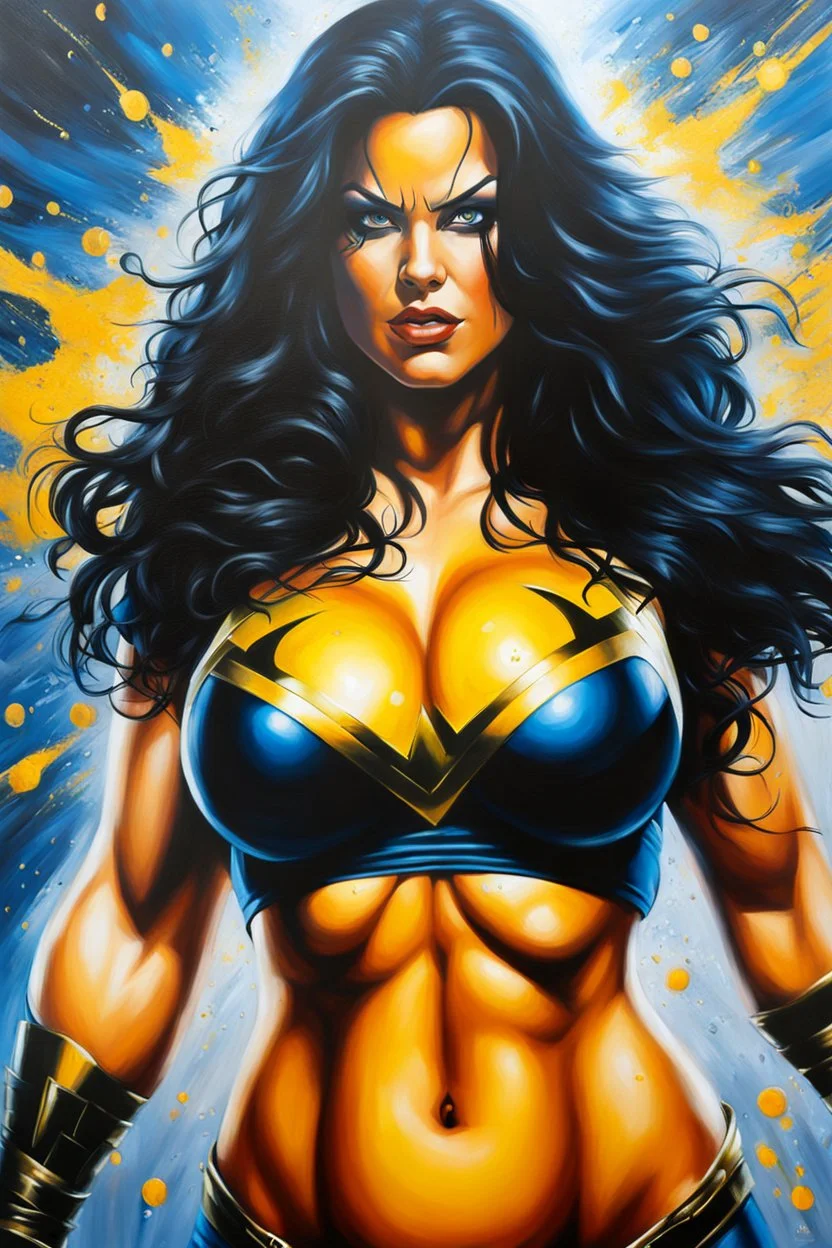 a series of pictures based on DC Comics Superheroes, amazing oil on canvas image of Chyna Laurer