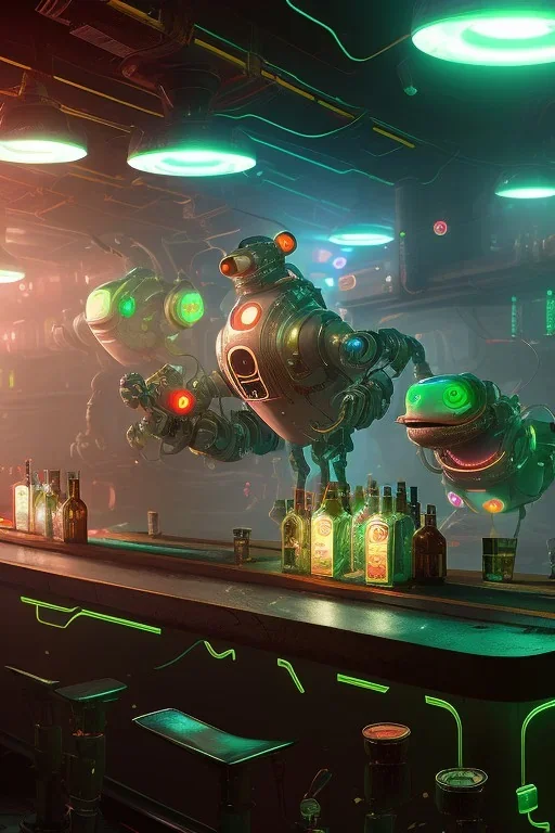 android dog and robots in a cyberpunk bar, digital art style. fantasy, volumetric lighting, particales, wide shot, cinamatic, Zack Snyder stlye, colourful