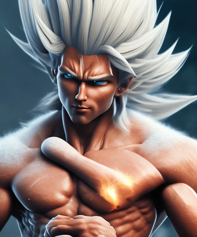 Goku, matrix style, white hair, fighting pose, muscular body, shirtless, volumetric details, hyper realism, unreal engine 5