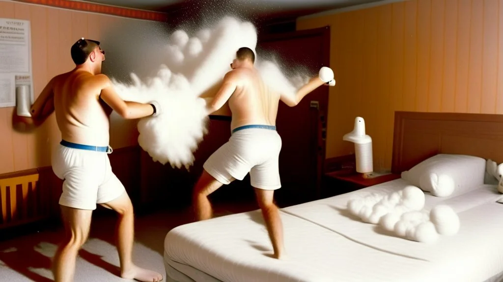 2 men in boxers spraying fire extinguisher foam at each other in motel room