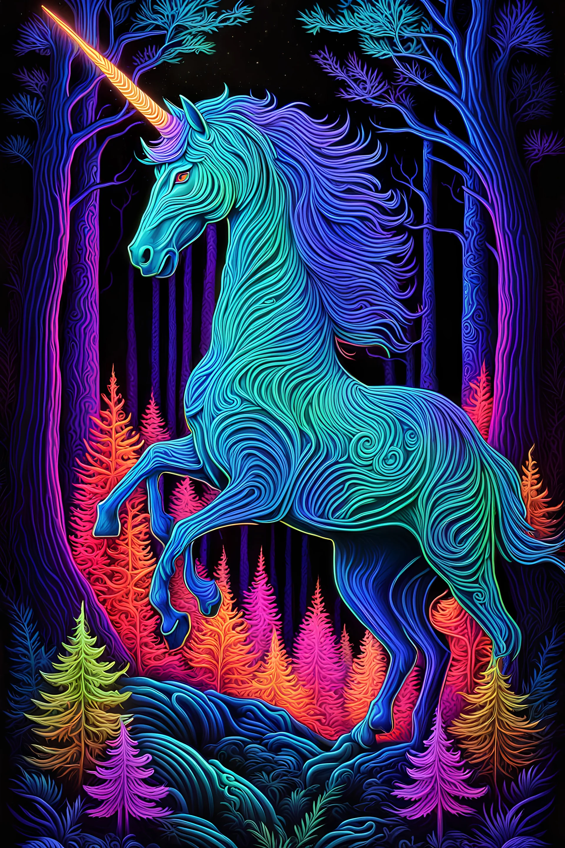 neon unicorn, 3D embossed textured ethereal image; midnight hues, extreme colors, neon unicorn in a pine forest; trippin', psychedelic, groovy, art nouveau; indica, sativa, leaves, gig poster art, macabre, eldritch, bizarre, extreme neon colors, mixed media, velvet, blacklight, uv