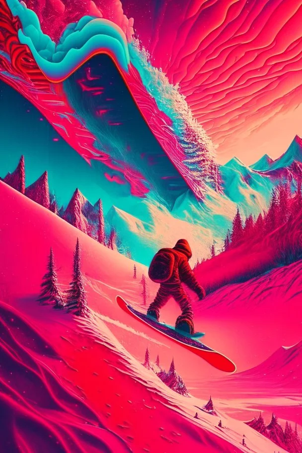 Snowboarding, psychedelic, red tones, fantasy landscape