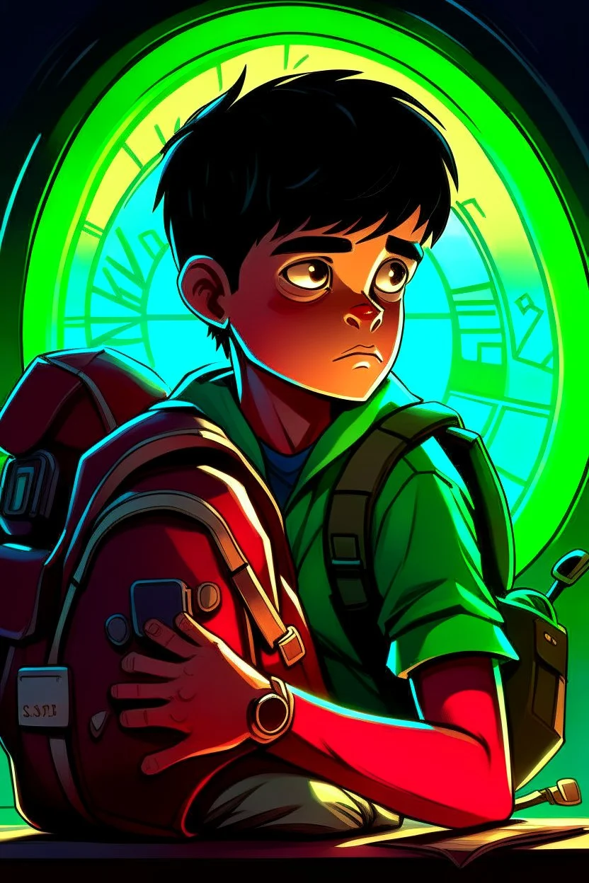 gimme a book cover photo which a boy 11 year old with dark hair in the dark with a backpack and a watch who is laying unconisous
