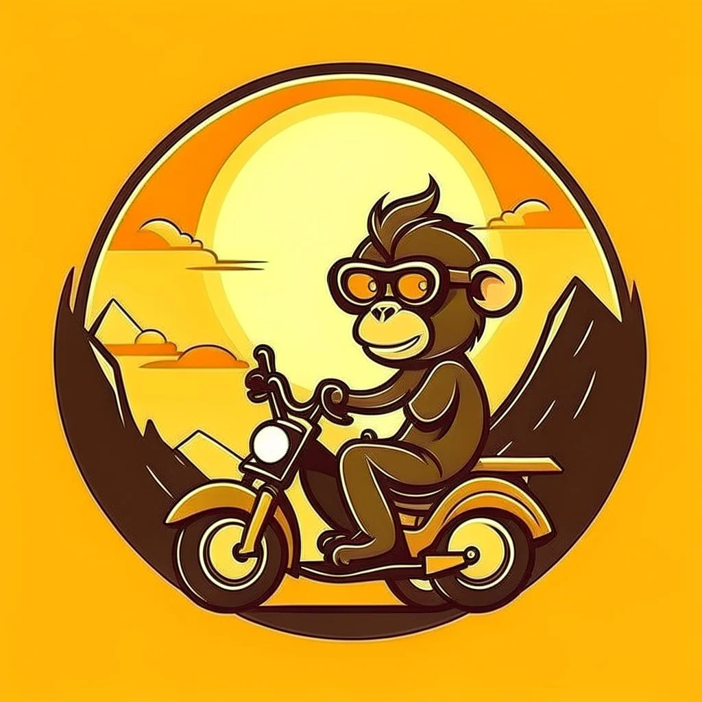 Monkey riding a scooter with sunglasses and a big smile, have a mountain sunset on the background, make a round logo, make the color brown