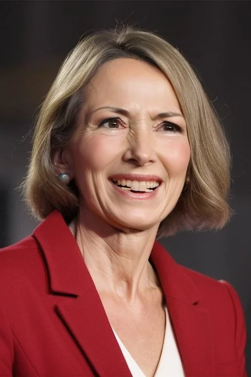 A preety woman in her early 50s having a presidential speech in front of a huge building