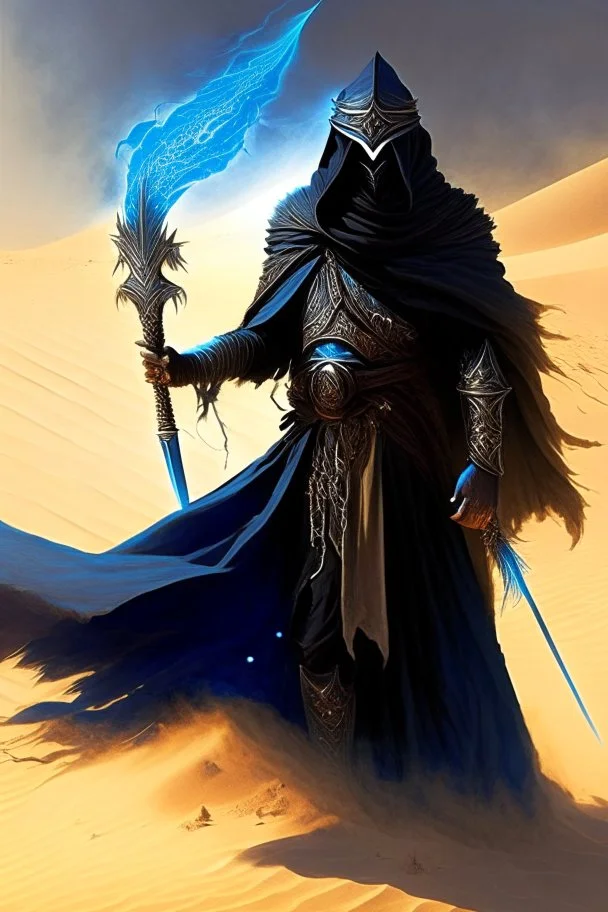 farsi man is the god of power and evil The commander wears a black cloak and a long coat with long combat boots and a long spear with a hat under his cloak with blue flame eyes, a sword like a spear The sun in the palm of a brave man in the middle of the desert A battle iron suit with the ability to fly, made for humans