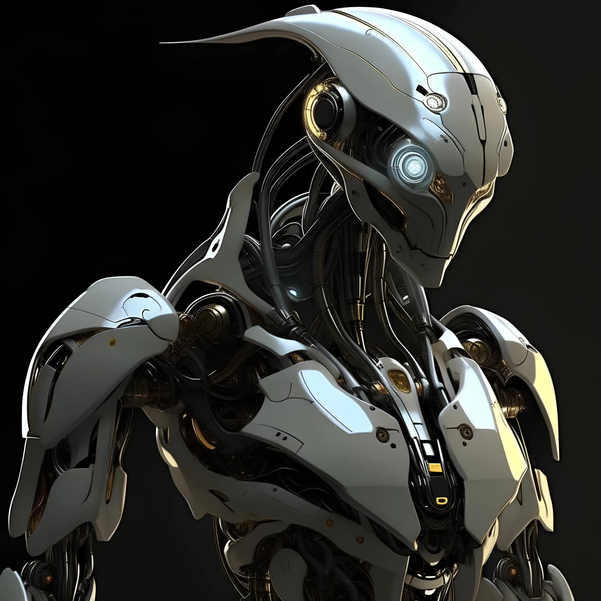 Construct: Head: Streamlined and angular with luminous artificial eyes. Torso: Robust core housing advanced technology and an Argent Energy containment system. Limbs: Sleek robotic arms with retractable razor-sharp claws and biomechanical legs for stability. Movement: Fluid and precise, showcasing calculated grace.