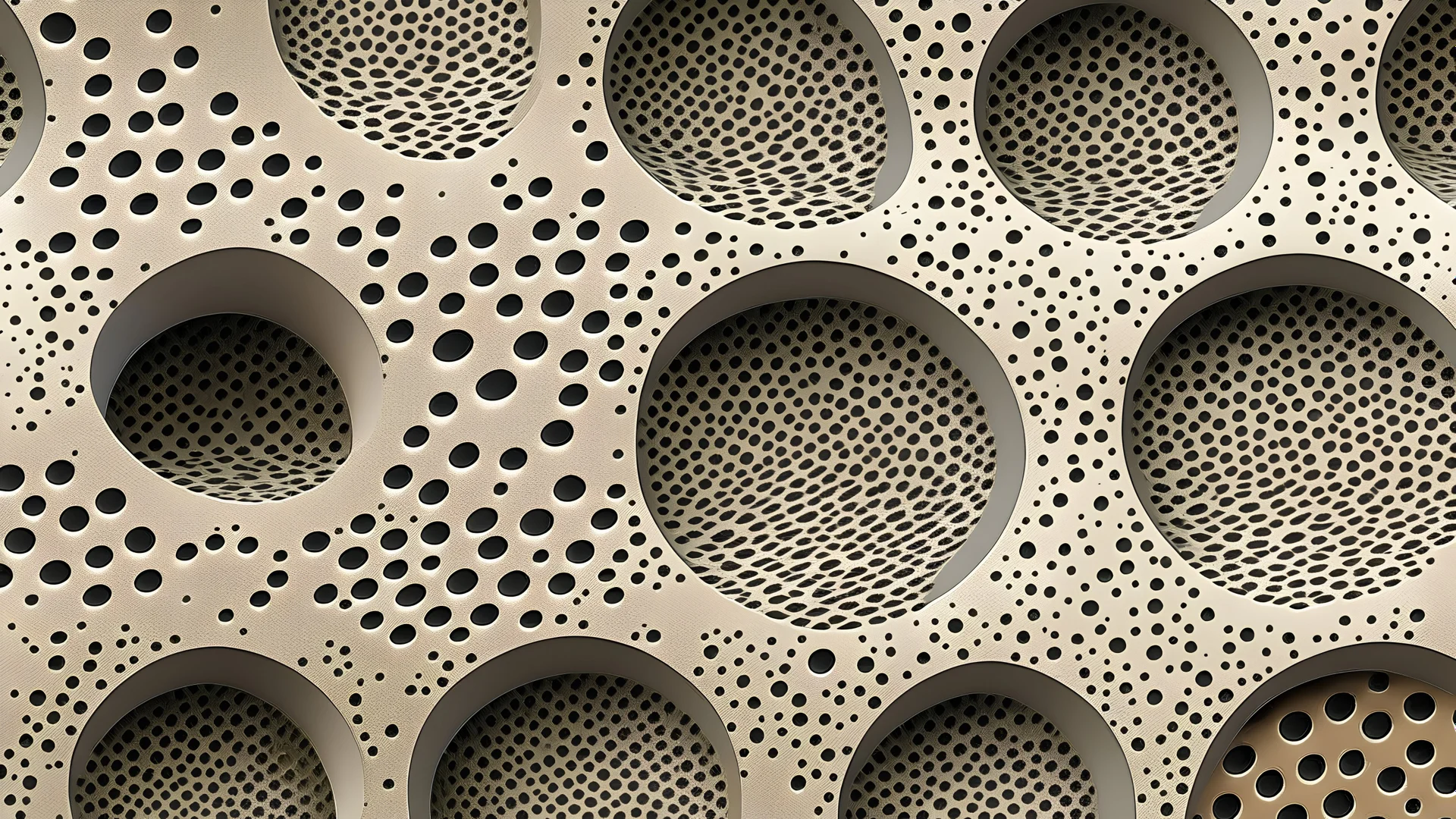 A flat textured surface on which circular or elliptical holes of different sizes have been drilled, some of them overlapping and with different depths, revealing a diverse and surprising background