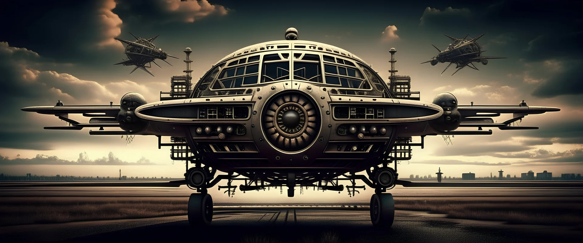 A demon station wagon millitary-jet , bilateral symmetry, matte mirrored glass, mechanical surrealism, retrofuturism, steampunk, in frame, wide angle, telephoto, 8k 3d, detroit fading in the distance, in flight, took off from i75, one subject