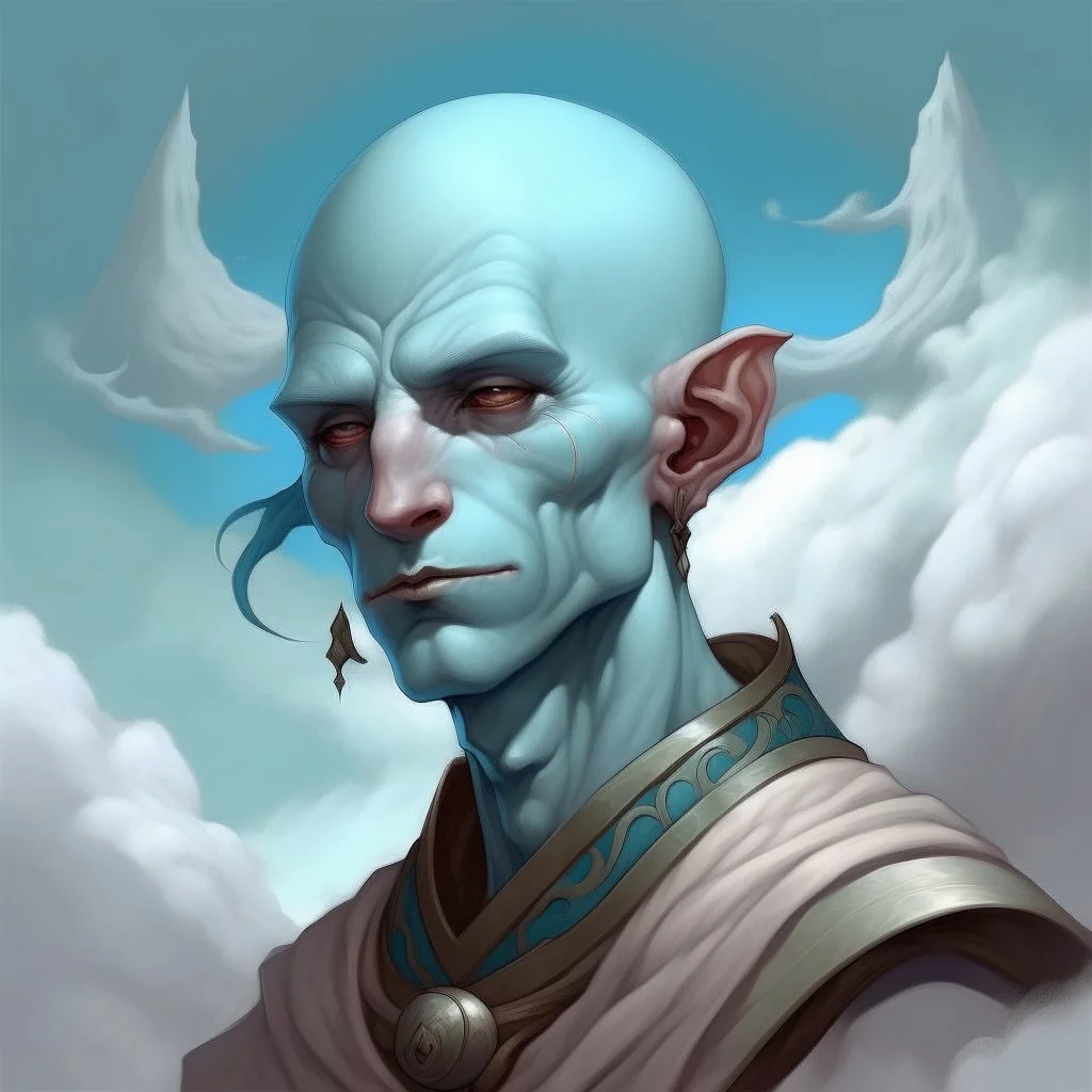dnd, fantasy, cloud giant, portrait, face, pale blue skin, clean shaven, bald, young, ascended