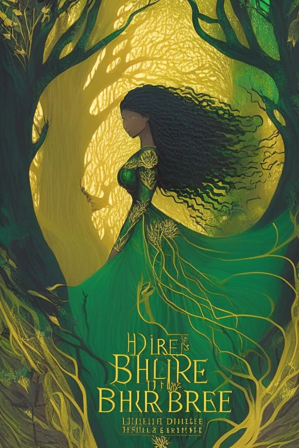 book cover, In the heart of a dense and enigmatic forest with towering ancient trees cloaked in emerald, yellow and amber foliage stands a witch possessing an ethereal allure her lustrous hair cascading in ebony waves down to her slender waist