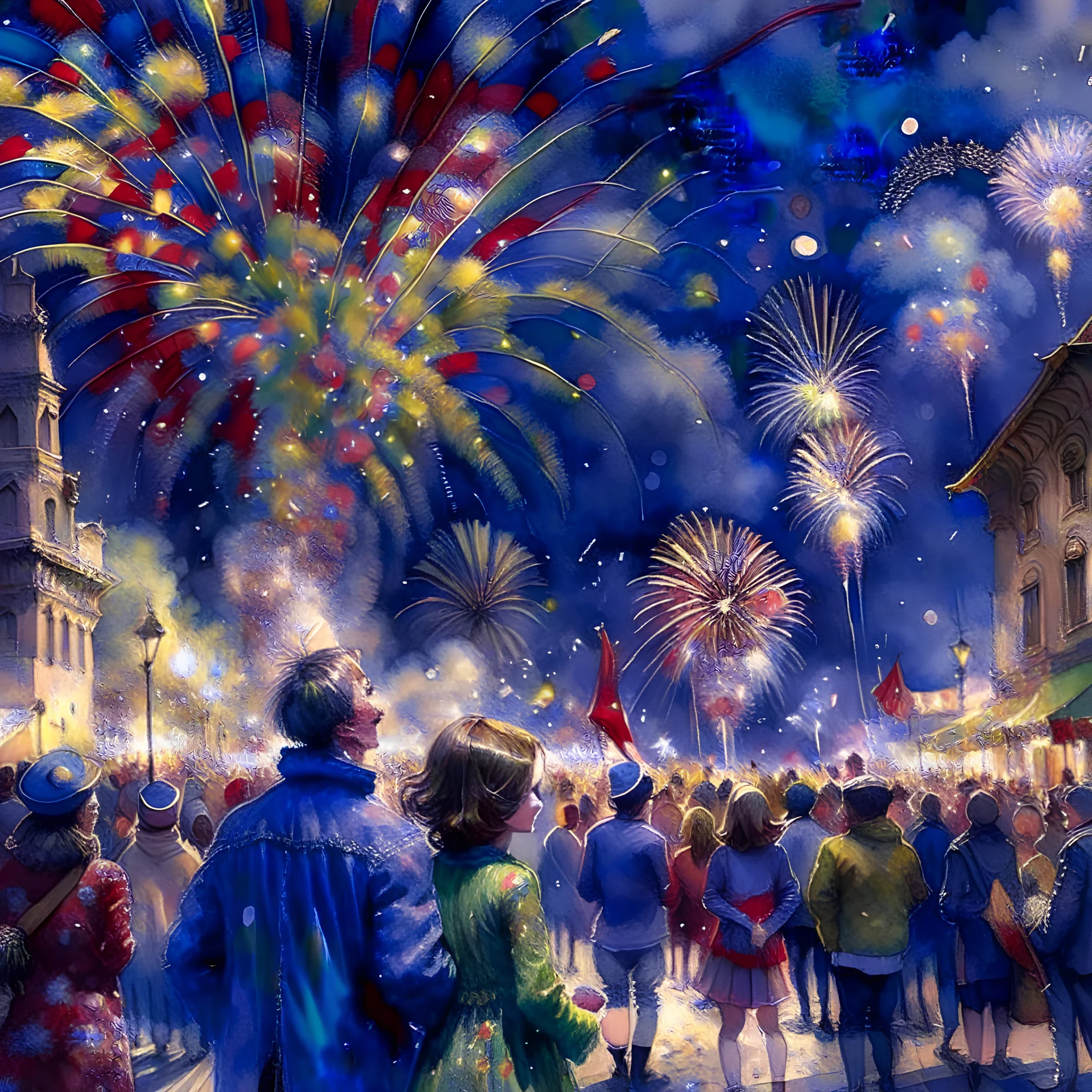 [watercolor | illustration] new year celebration, (colorful:1.2), people, night, (fireworks:1.2), intricate details, by greg rutkowski, trending on artstation