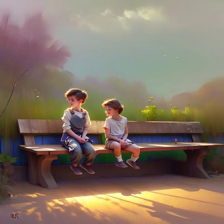 a couple of kids sitting on top of a wooden bench, beautiful painting of friends, boy and girl, by Igor Kieryluk, kerem beyit, by László Balogh, pino daeni and dan mumford, by Krzysztof Boguszewski, amazing artwork, beautiful artwork, adorable digital painting