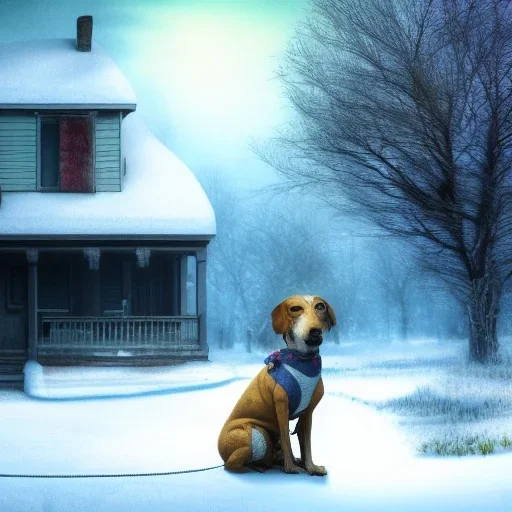 sad, scared, lonely dog tied with a short leash in front of house, winter, 8k resolution, high-quality, fine-detail, intricate, digital art, detailed matte, volumetric lighting, illustration, 3D octane render, brian froud, howard lyon, selina french, anna dittmann, annie stokes, lisa parker, greg rutowski