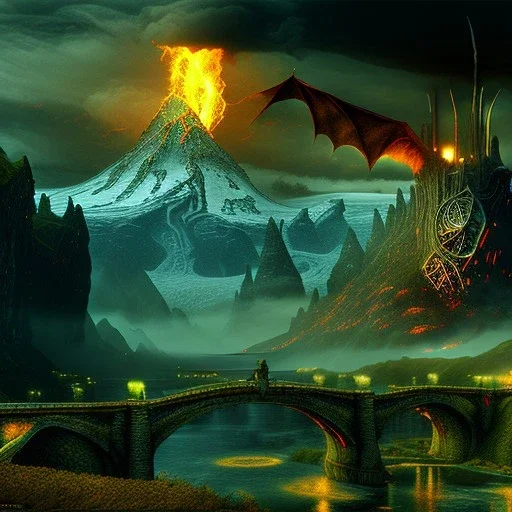 Epic Drawing of mordor scenery with a dragon of The Hobbit estilo Van Gogh 4k