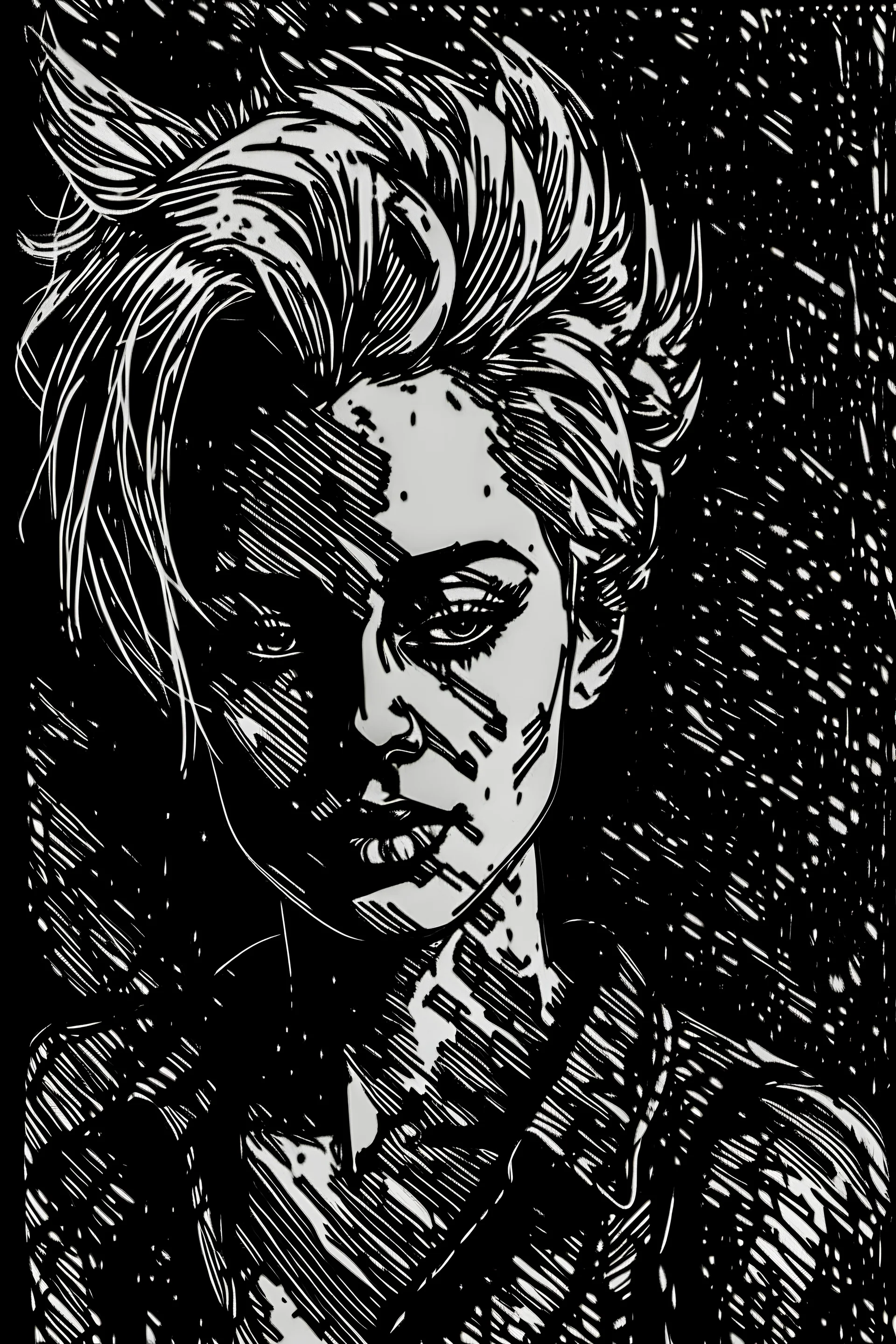 create an abstract, deeply powerful tragic and evocative, portrait woodcut of a raw and weathered gothpunk female with clean styleand deeply cut facial features, lost in a horrific post apocalyptic world, searing lines and forceful strokes