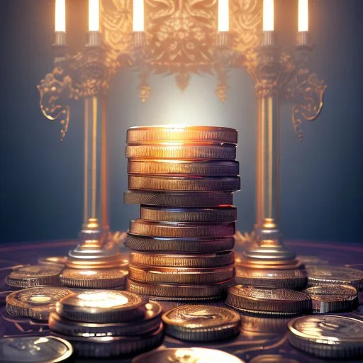 dynamic lighting, Intricately detailed, Splash screen art, deep color, Unreal Engine, volumetric lighting, silver coins, gold coins, silver treasure, stacked coins, indoors, candle, altar,