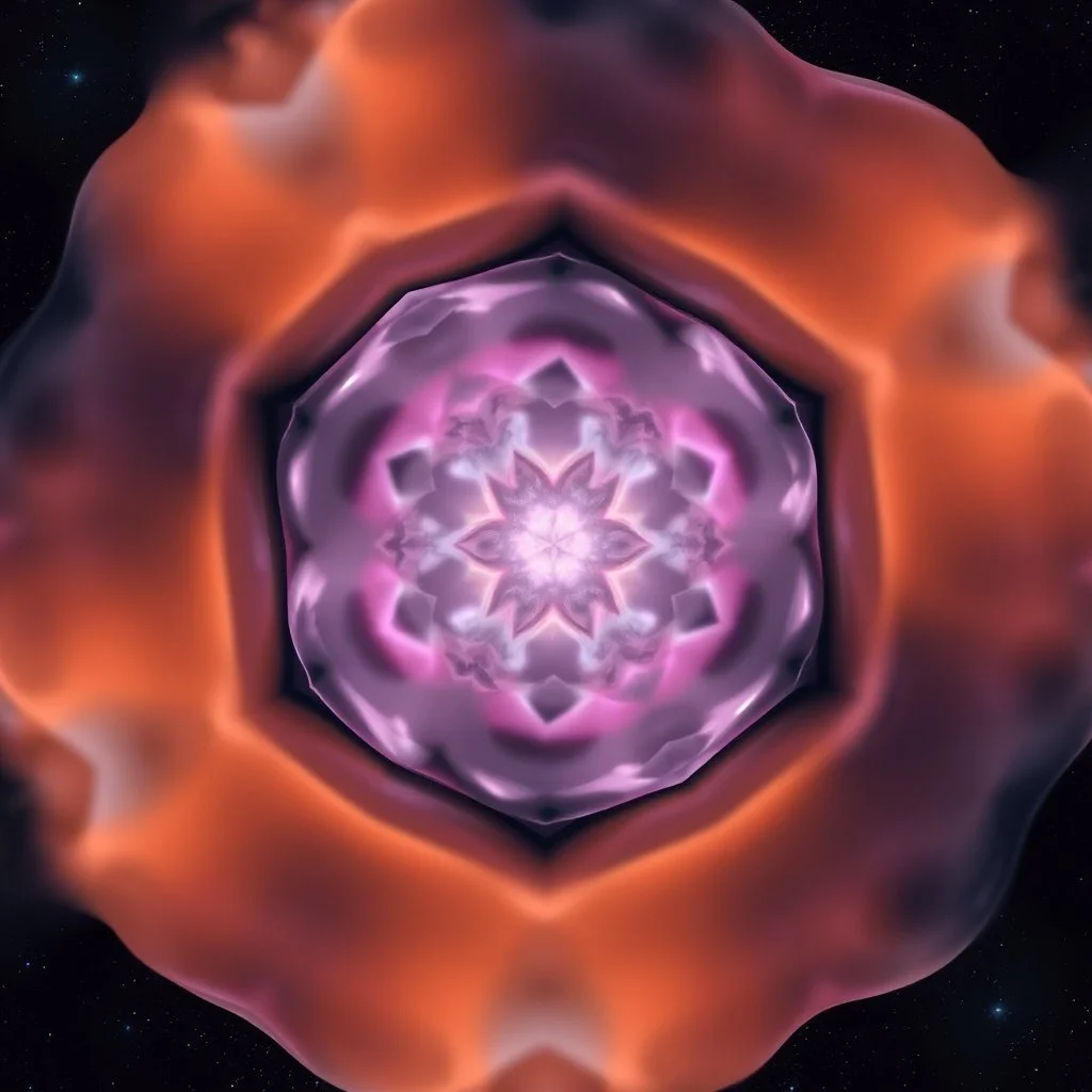 Mesmerizing abstract visual, 3d recursive Symmetrical structure of flowing translucent shapes, centered, soft aesthetic, negetive space.galaxsy background