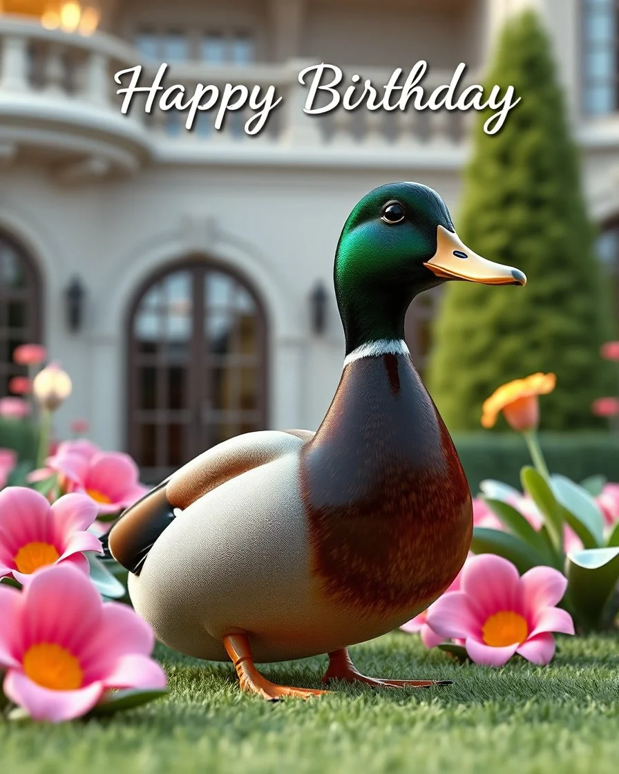 Generate image: Generate image: Generate image: A macro 3D render of a cute, lovely mallard with dark green neck ,made of translucent, glossy,colored jelly material. is landing in yard of a luxury villa next to flowers ,subsurface scattering and gelatinous texture . High-quality CGI, octane render, 8k resolution, whimsical, adorable, clean composition. long shot ,4:3,write in top in 3d "Happy Birthday"