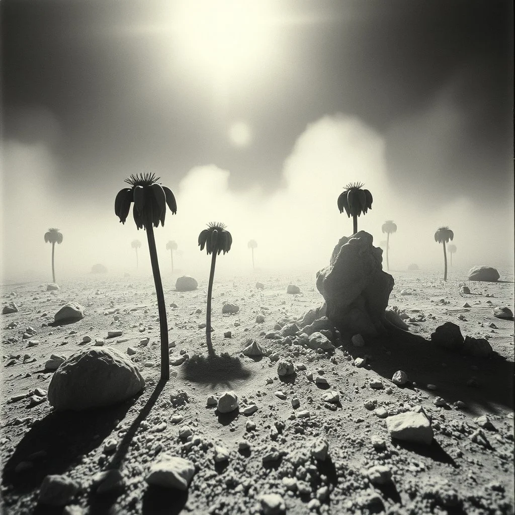 A striking quality Agfa photograph captures a wasteland with creepy odd flowers, details of the dust very accentuated, glossy organic mass, adorned with minerals and rocks. Bathed in intense light, eerie, Yves Tanguy style, black sun, fog