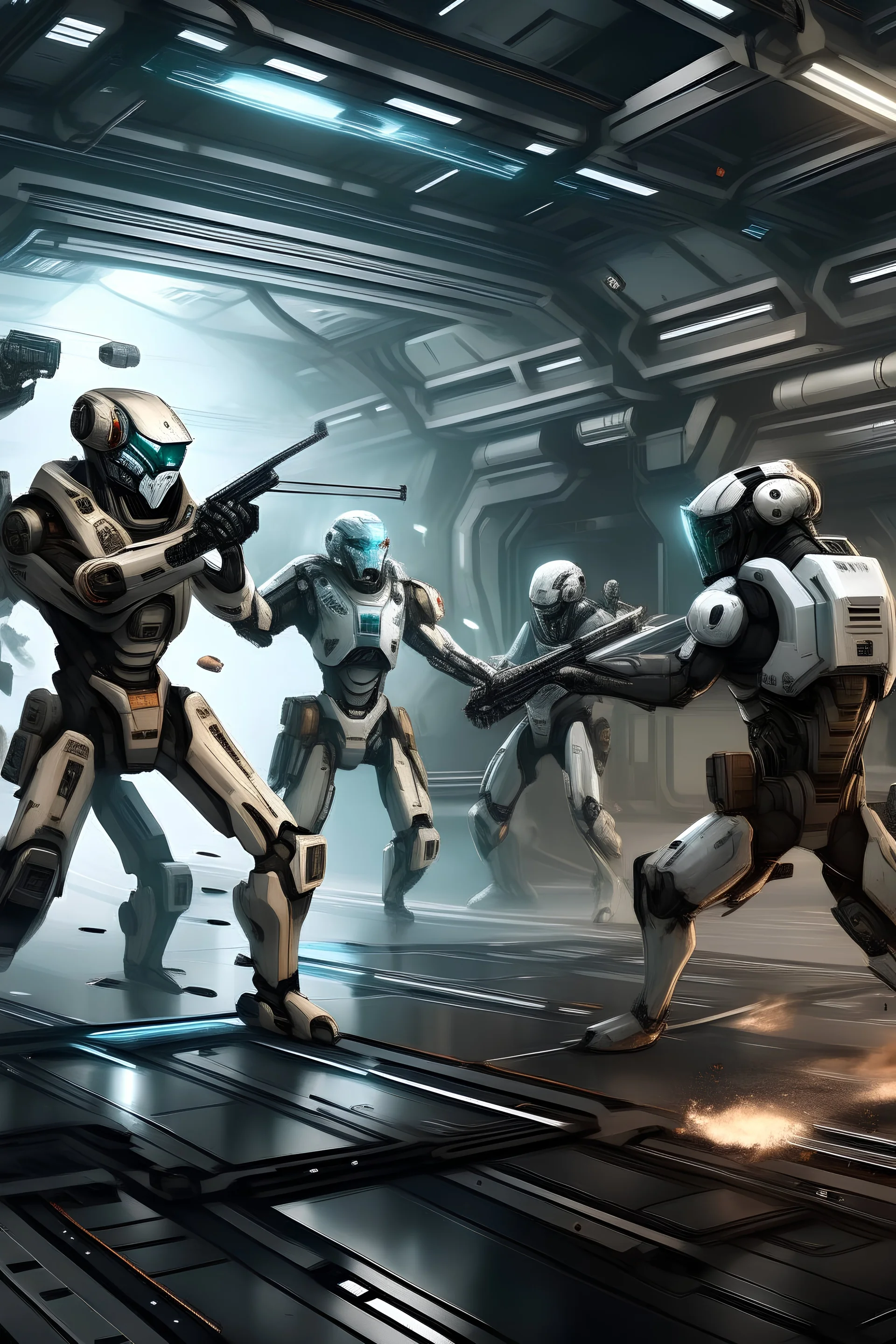 Human survivors fighting against robots in a space station