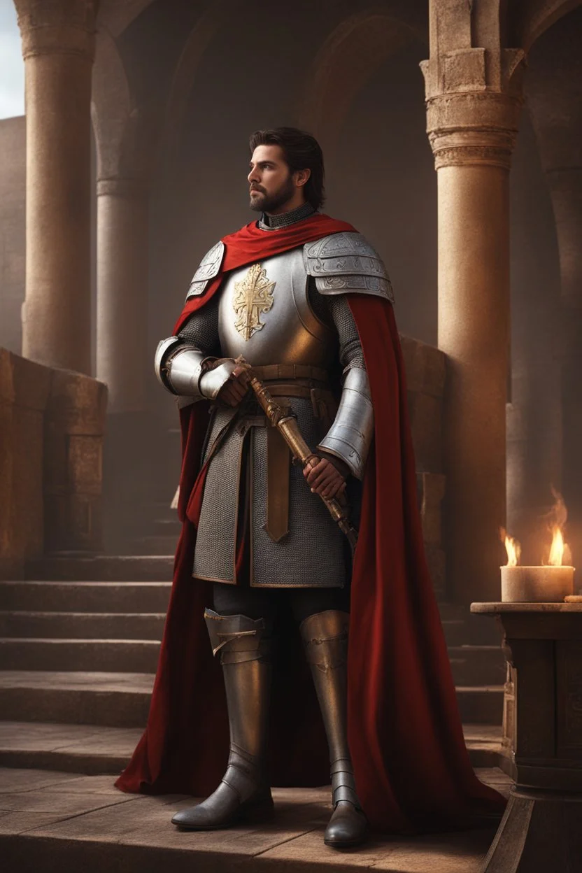 male noble templar knight, fantasy setting, medieval, year 1800, 8k, high detail, intricate, cinematic background, facing viewer