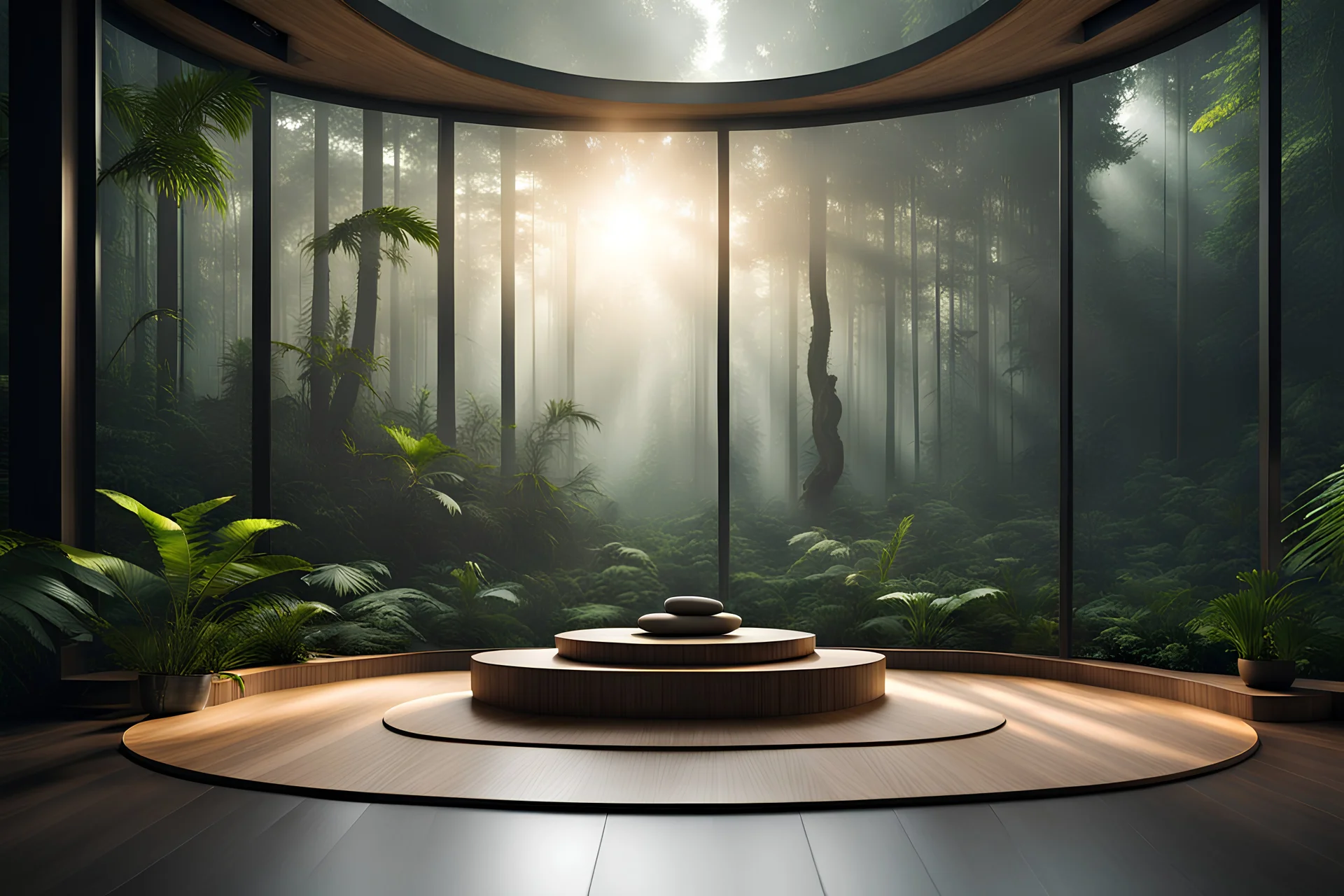 meditation rood podium , meditation minimalistic corner. design wood, View from large bay windows throughout from the large bay windows extends through the jungle forest. night landscape.
