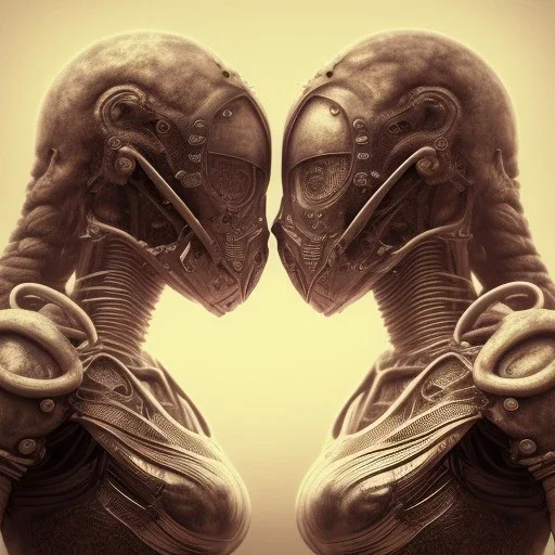 two viking girls kissing each other, hr giger, scary, steam punk, realistic, made in octane, cinematic, ultra-realistic, extremely detailed octane rendering, 8K, VRAY Super Real ar 2:3, dof photorealistic futuristic 50mm lens hard lighting dark gray tintype photograph, realistic lighting, sepia color