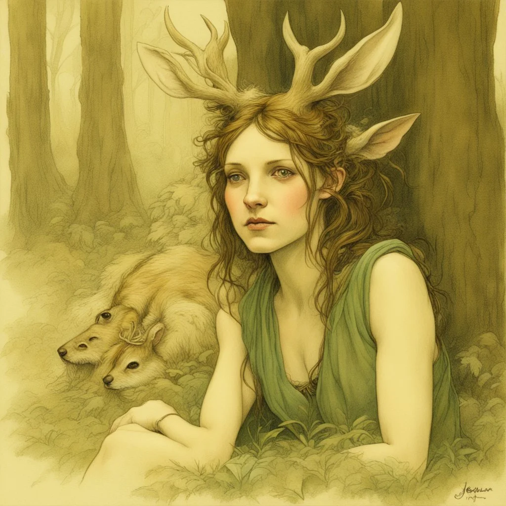 Sylvian nymph with jackalope horns in a wooded glade, By Jean Baptiste Monge, rough color pencil illustration, dark green and brown colors