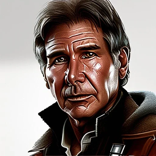 stunning photo realistic detailed head to waist portrait of harrison ford as han solo in star wars with photo realistic short hair by alice zhang,Sam Spratt, Yi Fan, Houston Sharp, Matija Obrovac, Sharp focus, brown eyes, realistic, weathered skin,space jacket from star wars, octane render, intricate