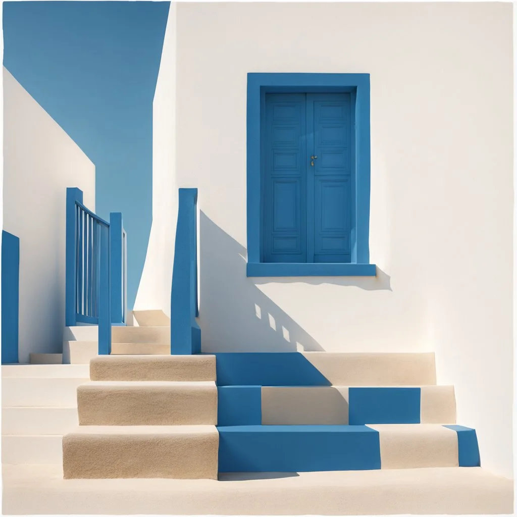 Minimalist abstract cyanotype photo of stairs outside a Greek house