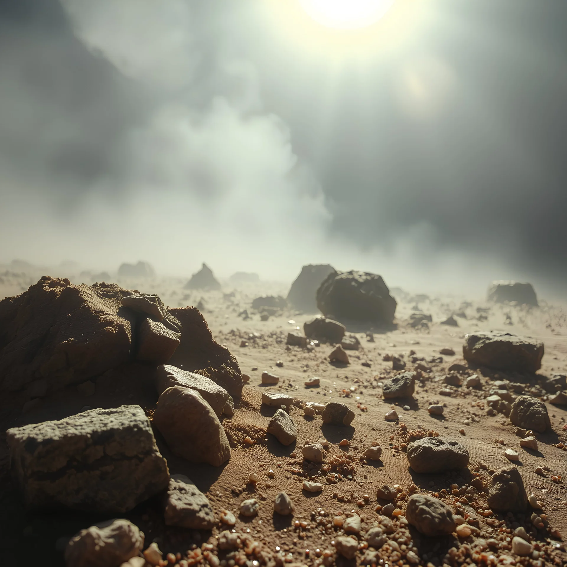 A striking quality close-up photograph captures a wasteland with odd stones, liquids, spooky, creepy, details of the dust very accentuated, glossy, organic, adorned with minerals and rocks, fog. Bathed in intense light, eerie, Max Ernst style, black sun, fog